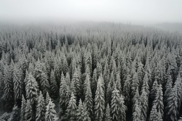 Een luchtbeeld van een met sneeuw bedekt dennenbos met een witte wolk