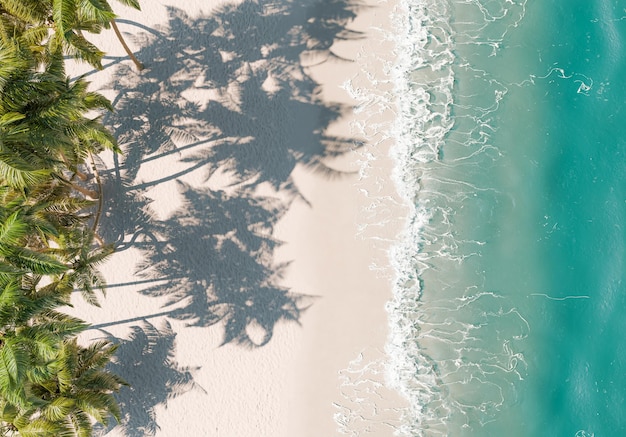 Een luchtbeeld van een tropisch strand met palmbomen in de schaduw