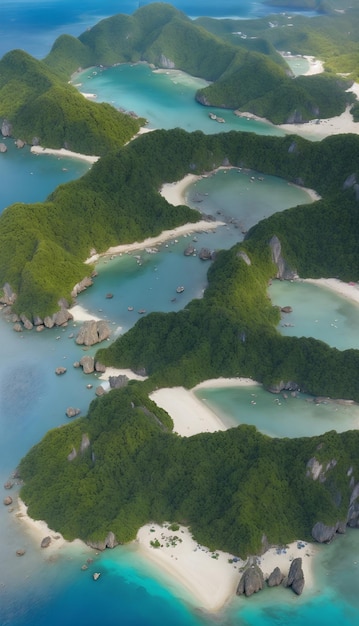 een luchtbeeld van een wit zandstrand en bomen Generatieve AI