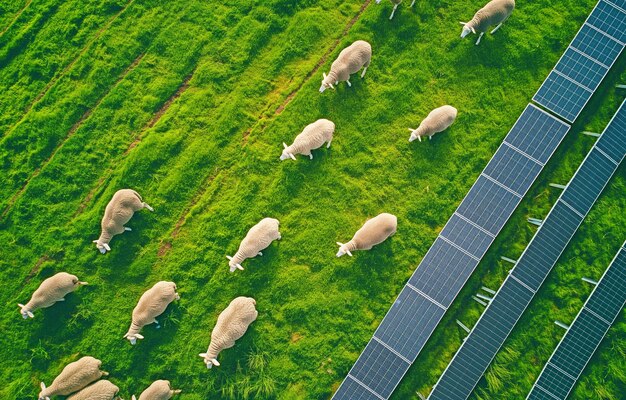 Een luchtbeeld van schapen die op een groen grasveld kauwen met zonnepanelen en verschillende energiebronnen