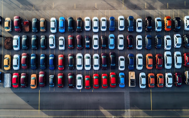 een luchtfoto die de georganiseerde rangschikking van gloednieuwe auto's in de rij bij de haven weergeeft