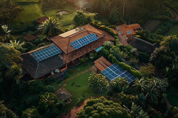 Een luchtfoto die de schoonheid van op zonne-energie aangedreven huizen vasthoudt die harmonieus in de natuur zijn geïntegreerd