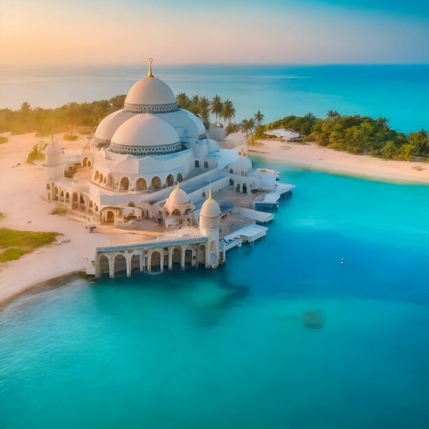 Een luchtfoto van de majestueuze moslimmoskee op het oppervlak van een kristalheldere zee.