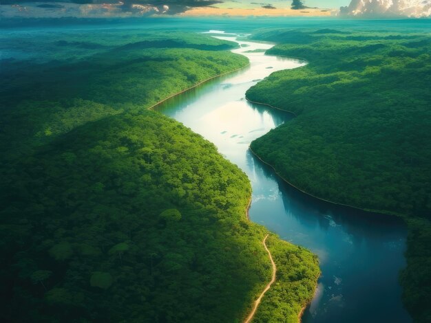 Een luchtfoto van de rivier in het bos