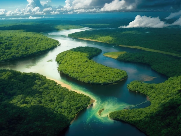 Een luchtfoto van de rivier in het bos