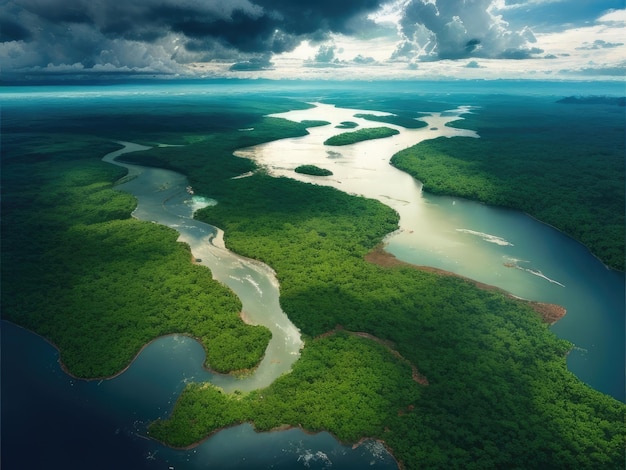 Een luchtfoto van de rivier in het bos