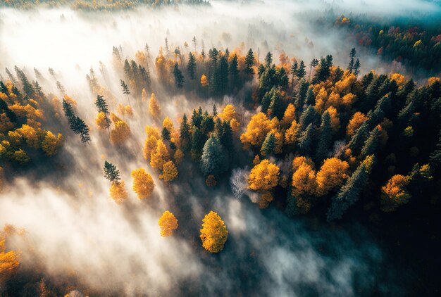 Een luchtfoto van een levendig gemengd bos op een prachtige herfstdag is bedekt met ochtendmist