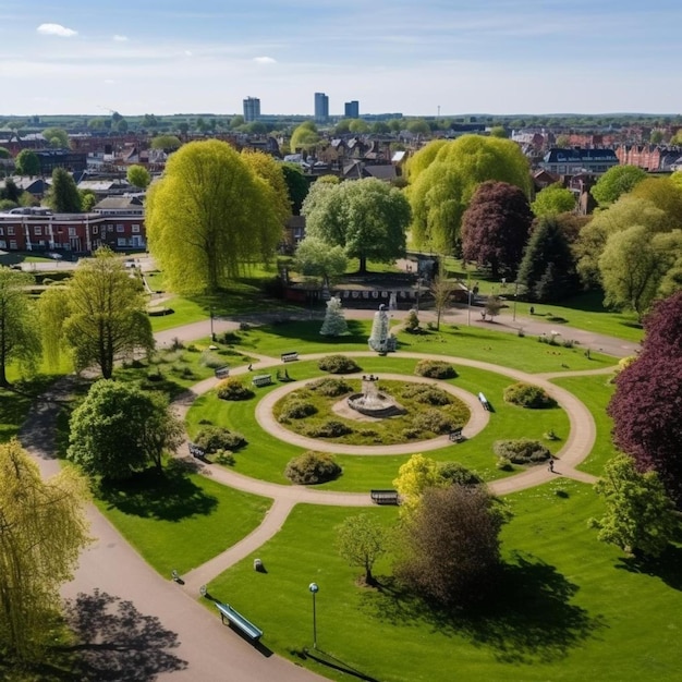 een luchtfoto van een park met een fontein omgeven door bomen