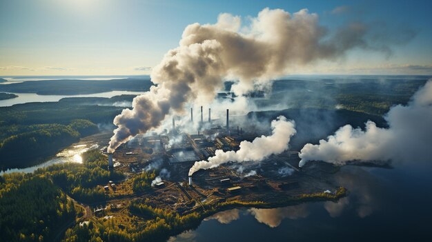 Foto een luchtfoto van een plant met drie schoorstenen die witte rook uitstooten