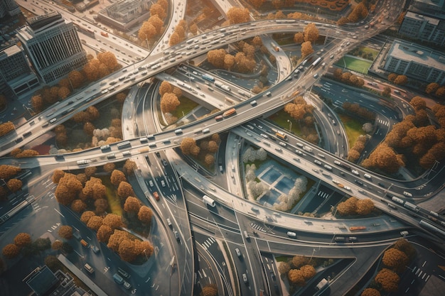Een luchtfoto van een snelweg met een groot gebouw en bomen op de achtergrond.