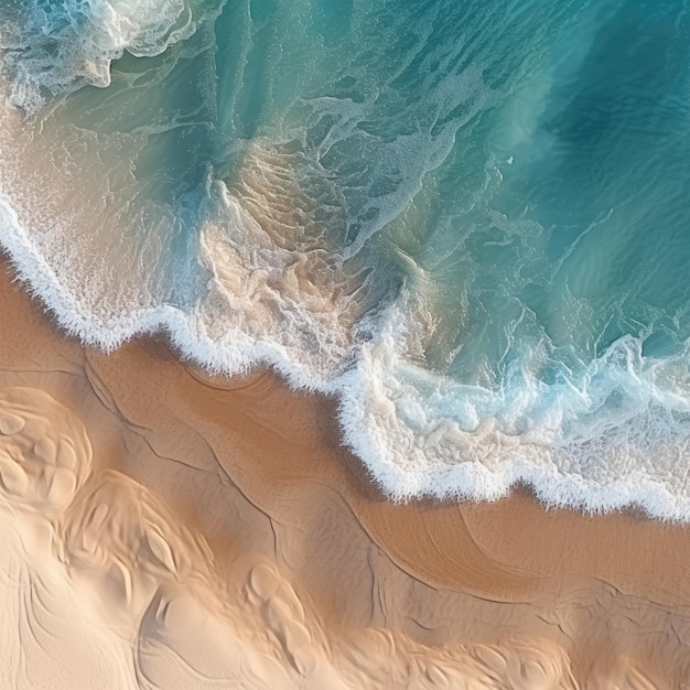 Een luchtfoto van een strand met blauw water en golven