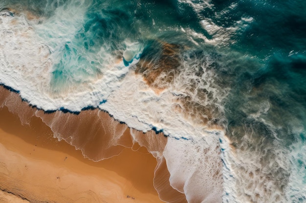 Een luchtfoto van een strand met een blauwe oceaan en een golf die op het zand breekt.