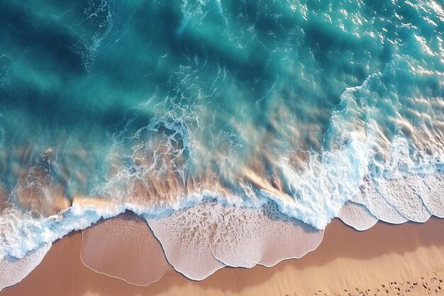 Een luchtfoto van een strand met een blauwe oceaan en golven