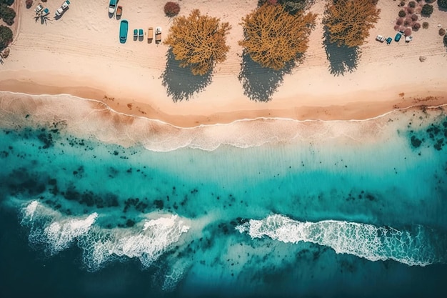 Een luchtfoto van een strand met een strand en bomen