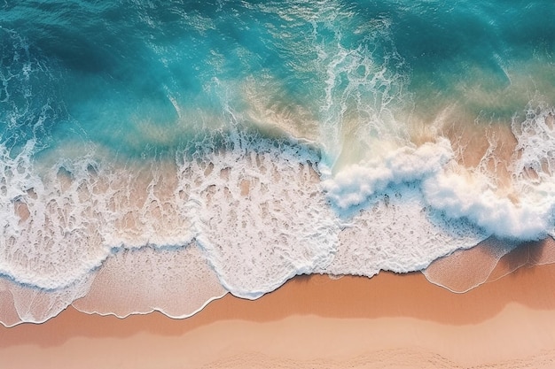 Een luchtfoto van een strand met golven op het zand