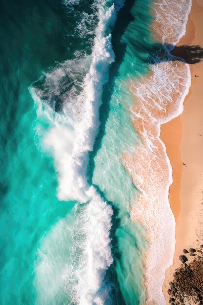 Een luchtfoto van een strand met golven op het zand