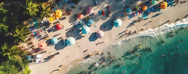 Een luchtfoto van een strand met kleurrijke parasols en mensen in het water.