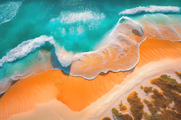 Een luchtfoto van een strand met turkoois water en oranje zand.