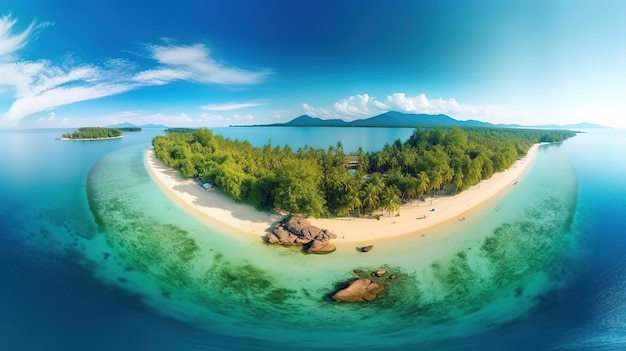 Een luchtfoto van een tropisch eiland met een strand en de oceaan op de achtergrond.