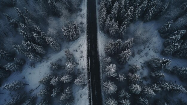 Een luchtfoto van een weg in een besneeuwd bos met bomen Generative AI