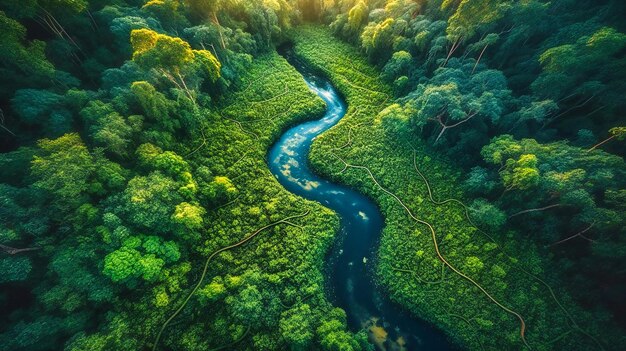 Een luchtfoto van het Amazone-regenwoud met een rivier door de jungle