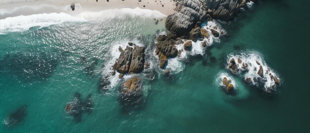 Een luchtfoto van het strand en de kustlijn. Bovenbeeld van het strand, rots en zee met watergolven in de zomer.