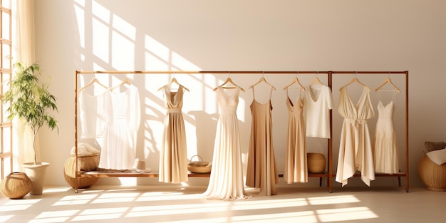 Een luchtige boetiek toont hedendaagse kleding in een chique minimalistische omgeving.