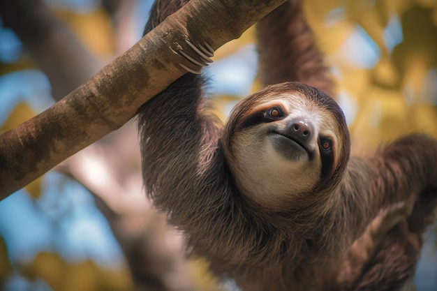 Een luiaard die aan een boom hangt in Costa Rica