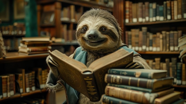 Een luiaard in een tovenaarskleed leest een boek in een bibliotheek.