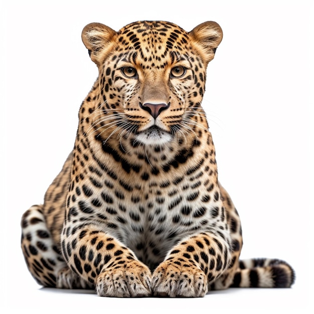 Een luipaard ligt met gekruiste poten op de grond.