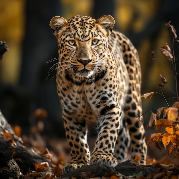 een luipaard loopt door het bos in de herfst