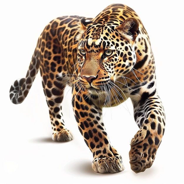 een luipaard loopt op een witte achtergrond