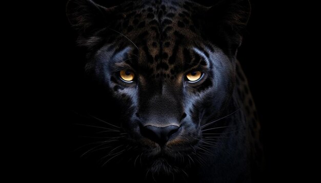 een luipaard met gele ogen wordt getoond in een donkere foto