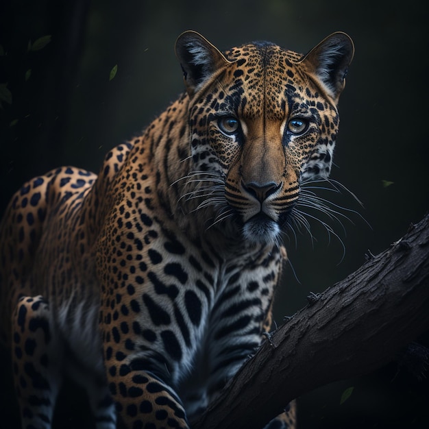 Een luipaard staat op een boomtak met een donkere achtergrond
