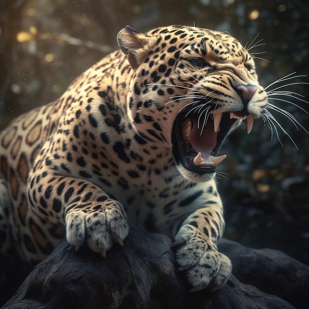 Een luipaard zit op een rots en heeft zijn bek open.