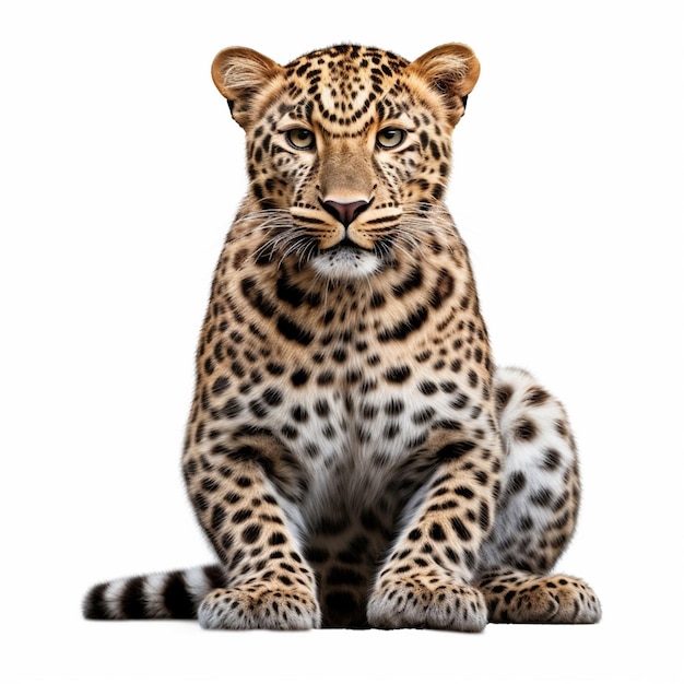 Een luipaard zittend op een witte achtergrond