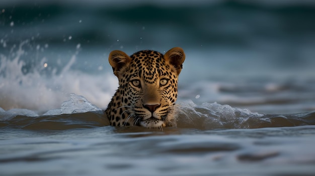 Een luipaard zwemt door het water in Brazilië.