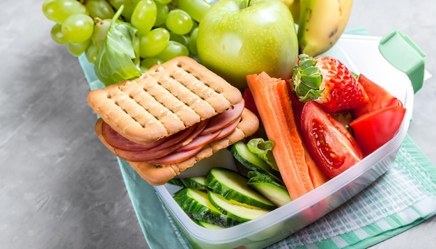 Een lunchbox met groenten en fruit waaronder vlees, kaas, fruit en vlees