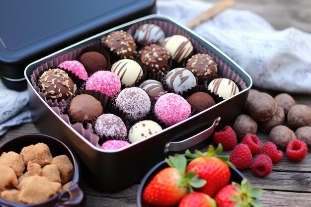 Een lunchdoos gevuld met zelfgemaakte chocolade truffels in mini cupcake liners