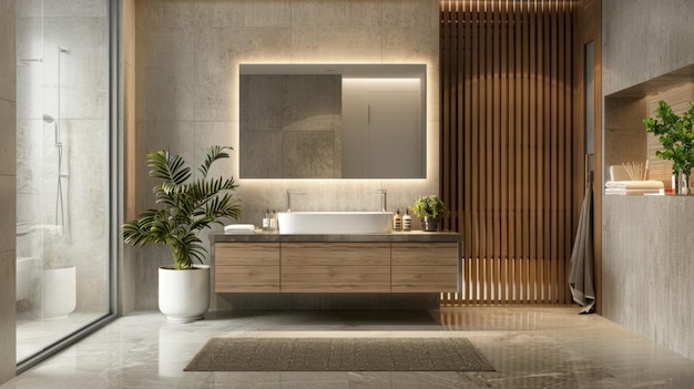 Een luxe badkamer met natuurlijke stenen en houten afwerkingen met levendige plantaardige accenten