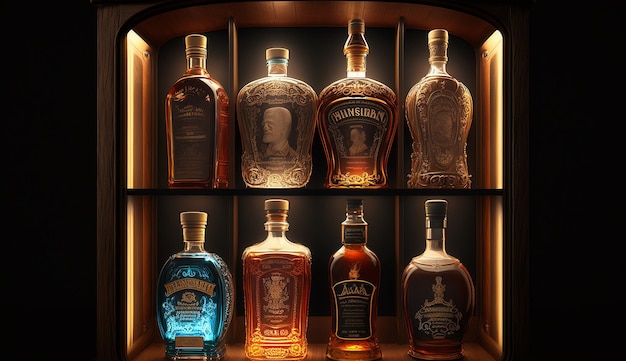 Een luxe bourbonplank gevuld met zeldzame vintage flessen, elk met een uniek label AI Generated Image