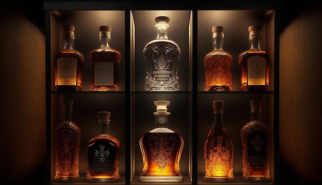 Een luxe bourbonplank gevuld met zeldzame vintage flessen, elk met een uniek label AI Generated Image