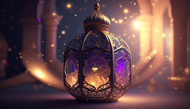 een luxe goldem ramadan lamp, islamitische achtergrond, ai gegenereerd