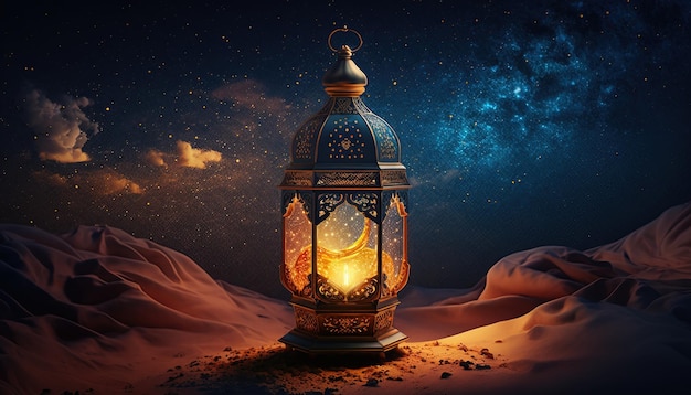 een luxe goldem ramadan lamp, islamitische achtergrond, ai gegenereerd