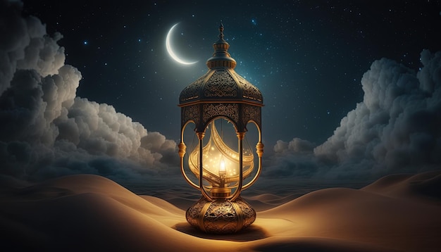 een luxe goldem ramadan lamp, islamitische achtergrond, ai gegenereerd