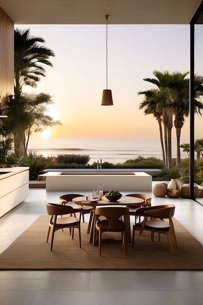 een luxe huis eettafel en stoelen met uitzicht op de oceaan en de oceaan