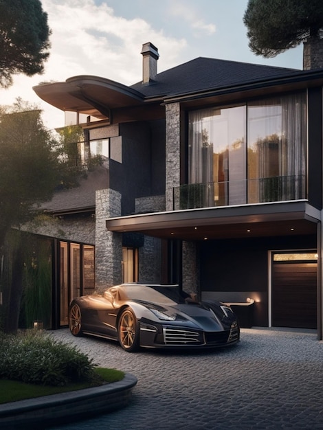 een luxe huis met een auto in de garage