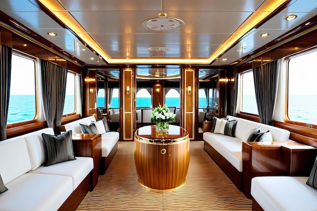 Een luxe interieur van wit hout en goud versierd voor uw exclusieve binnenreis