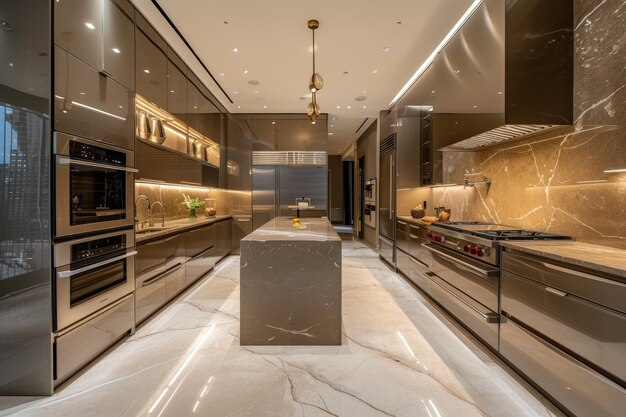 Een luxe keuken gekenmerkt door een slanke marmeren achterkant
