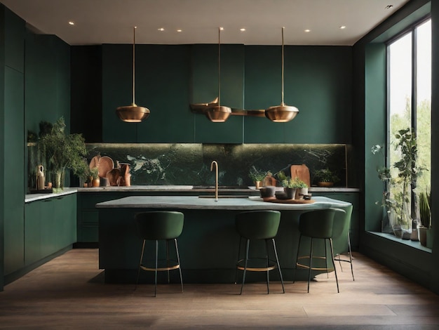 een luxe keuken met een donkere groene muur in de hoek